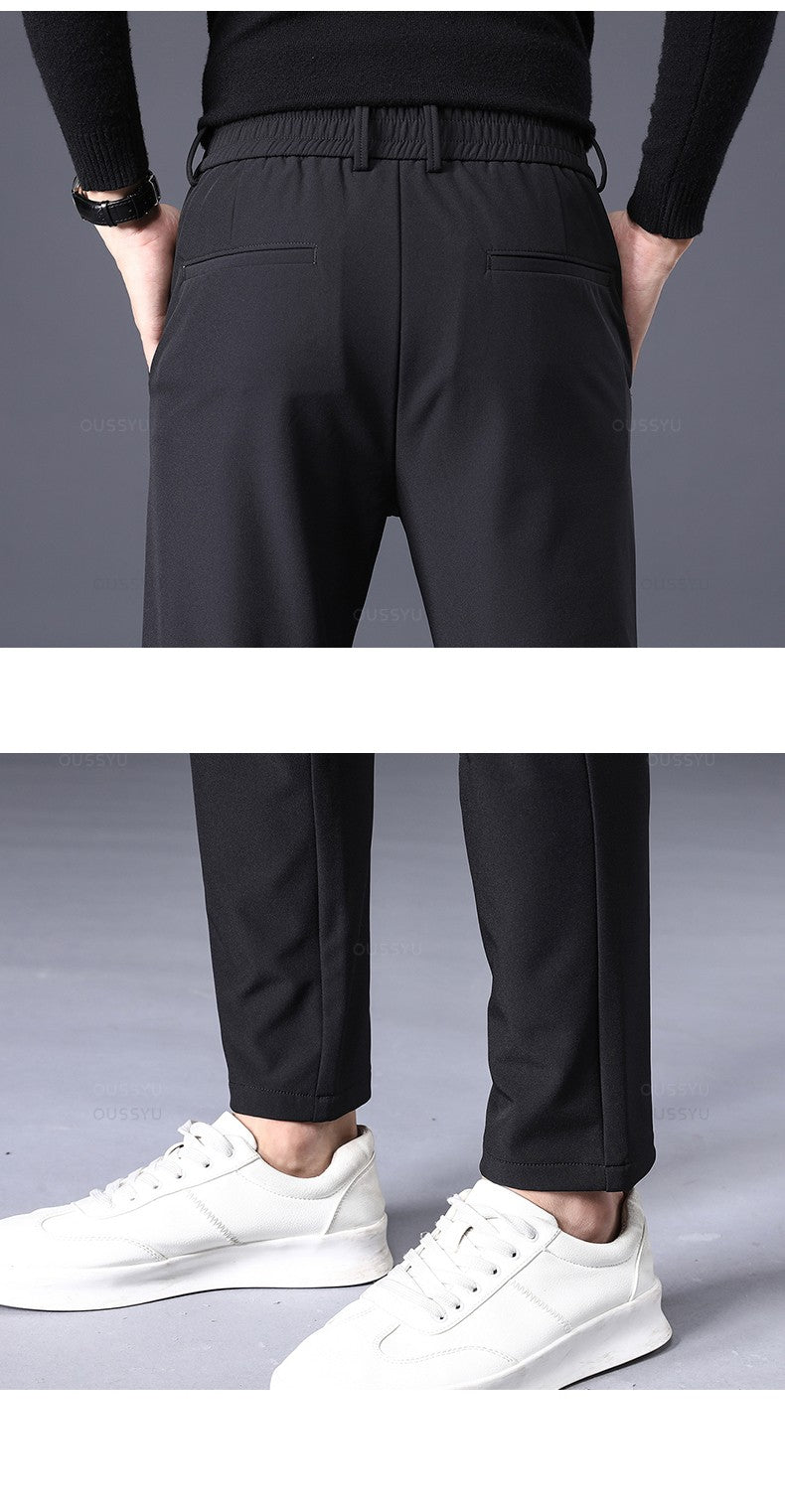Winter Warm Men's Fleece Pants Thick Business Stretch Slim Fit Elastic Waist Jogger Korean Classic Black Gray Blue Trousers Male