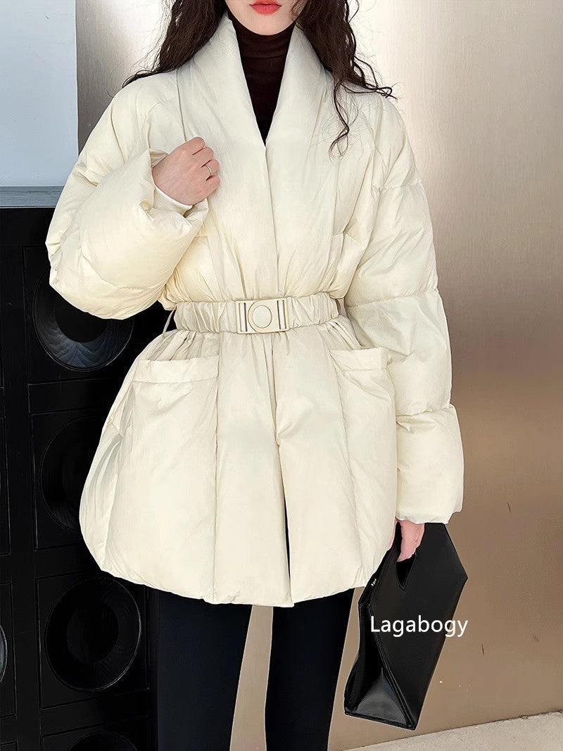 Lagabogy 2025 Winter Belt Waist-Tight Elegant Warm 90% White Duck Down Jacket Female Long Sleeve Solid Color V-neck Puffer Coat