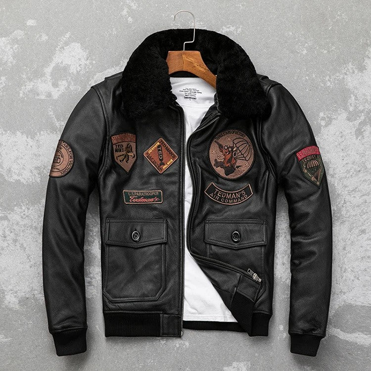Detachable Natural Fur Collar Genuine Cowhide Men Leather Jacket Patches Flight Air Force Pilot Coat Winter Bomber