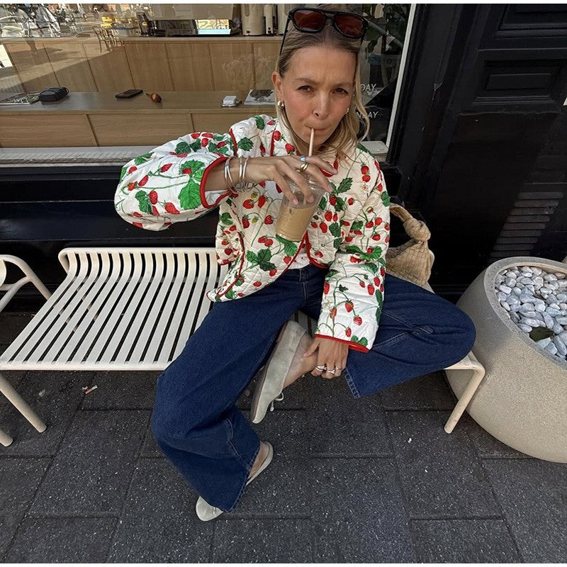 Women's Fashion Print Panelled Quilted Cotton Jacket Long Sleeve Pocket Cardigan Coat 2025 Autumn Winter Daily Casual Outerwear