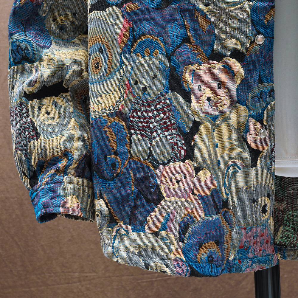 Men Teddy Bear 3/4 Sleeve Jacket Fashion Animal Pattern Coat Jacquard Woven Top Outerwear