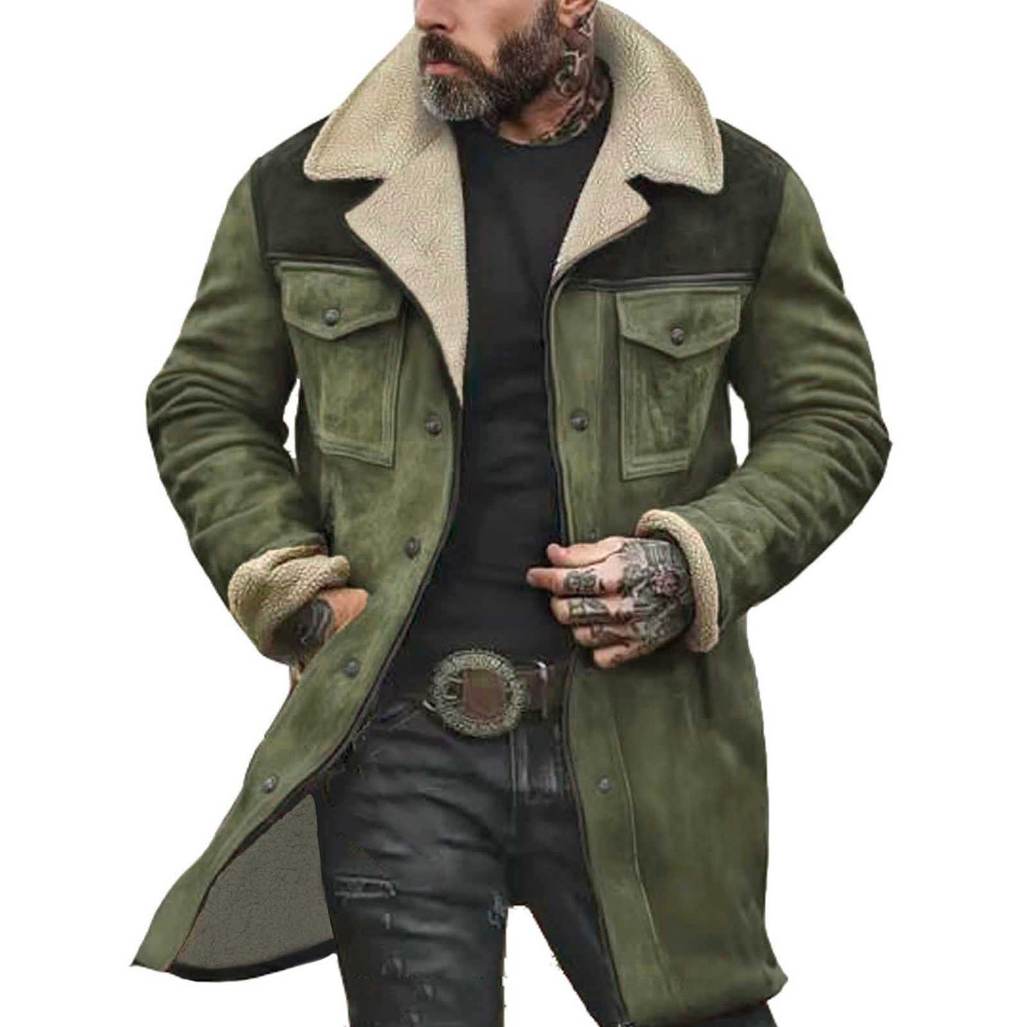 Autumn Winter Men Jacket Lapel Single-Breasted Mid-Length Coat Windproof Jacket Suede Multi Pockets Outerwear Men Clothing