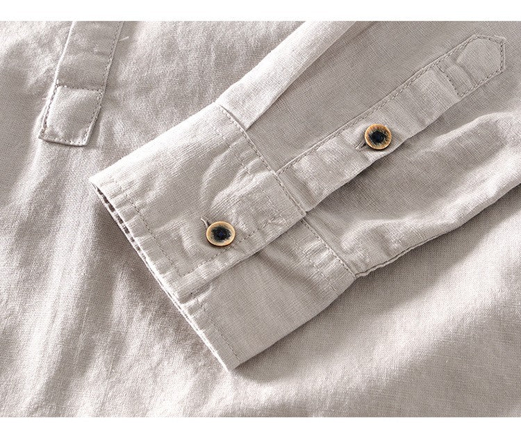 2024 Men's Linen Long-sleeved Shirt with Stand Collar, Youth Casual Loose Men's Cotton and Linen White Shirt.Beach Vacation Top