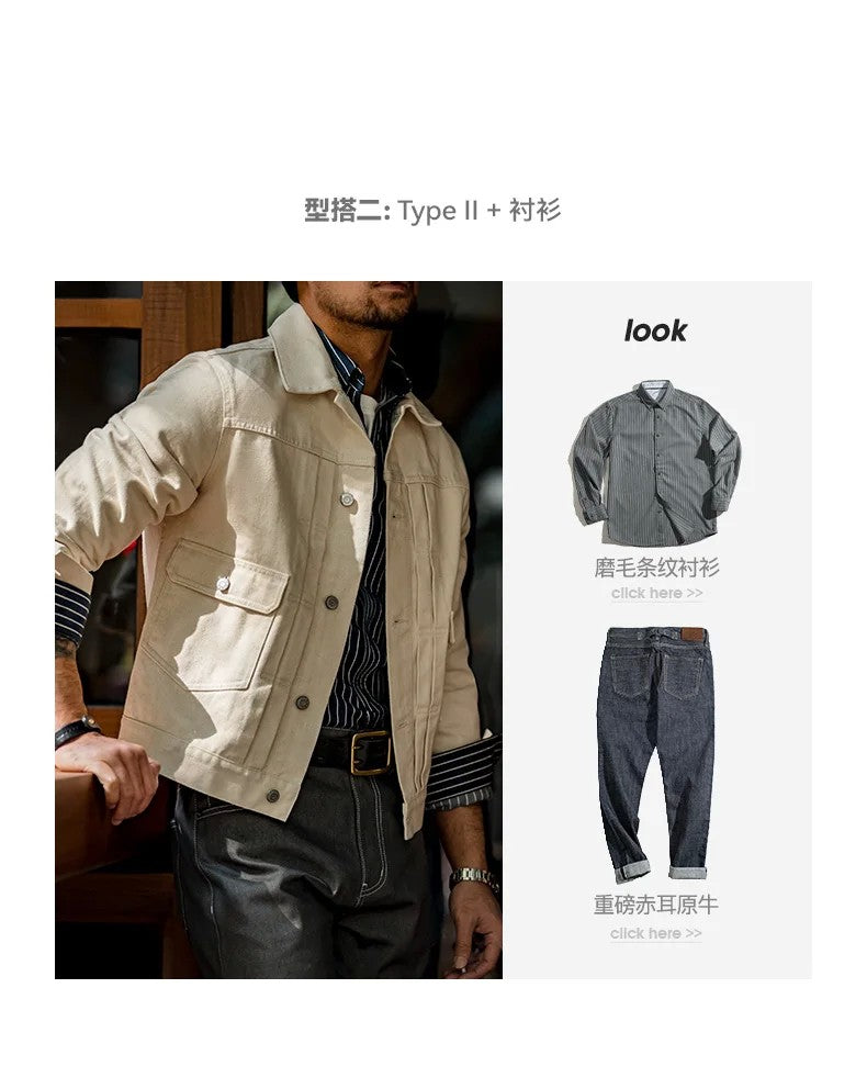 Maden Retro Type II Denim Jackets Beige Cotton Washed Denim Coats for Men's Autumn Versatile Single-breasted Lapel Outwear