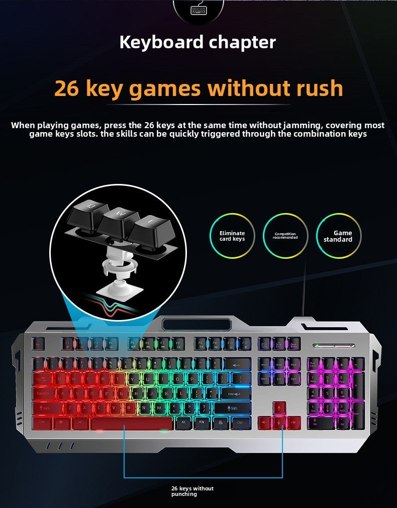 Conjunto de teclado e mouse gamer com fio, retroiluminação colorida, 104 teclas, painel de metal, teclado com sensação mecânica para laptop e desktop