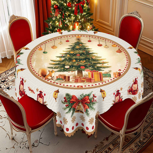1 Piece Christmas Round and Rectangular Tablecloth, Various Sizes, Charming Christmas Tree Snow Scene Gold Tablecloth, Christmas Garden Tablecloth Decoration, Tablecloth for Daily Home Kitchen, Terrace, Gift