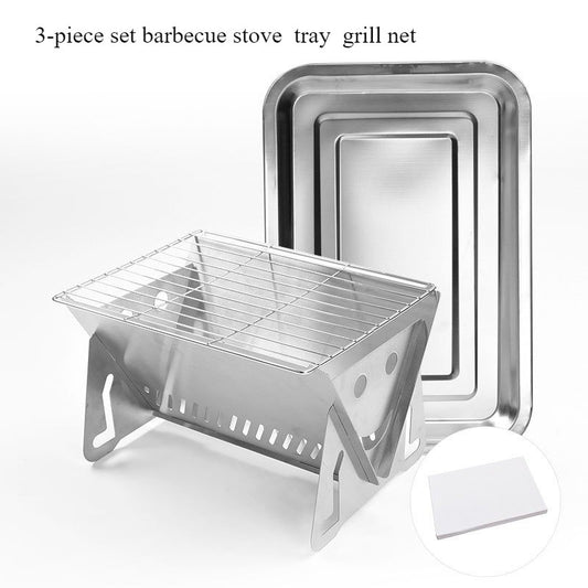 3-Piece Stainless Steel Portable BBQ Set - Compact Folding Grill for Camping, Mini Detachable Card-Style Outdoor Cooking