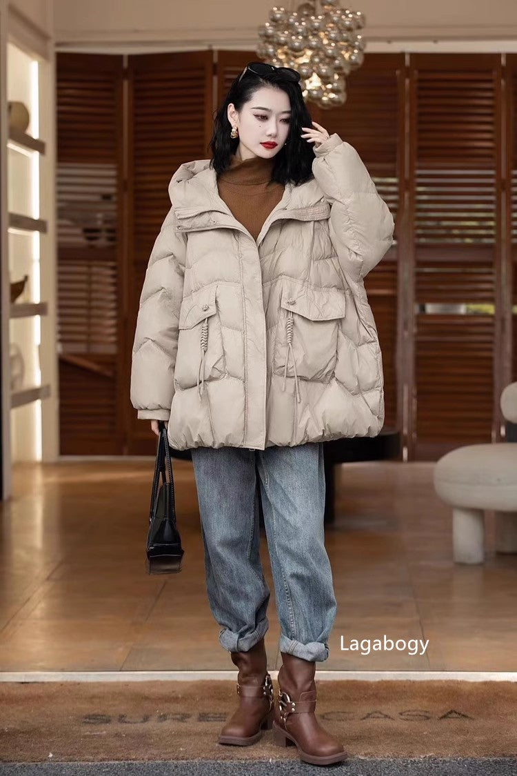 Lagabogy 2025 Women Autumn Winter Vintage Style Loose Casual Mid-Long Hooded Warm Puffer Coat Female 90% White Duck Down Jacket