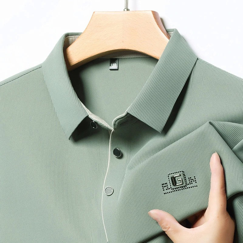 New Men's Business Casual Long Sleeved Shirt with Badge Solid Color Polo Shirt Fashionable Breathable Comfortable Versatile Top