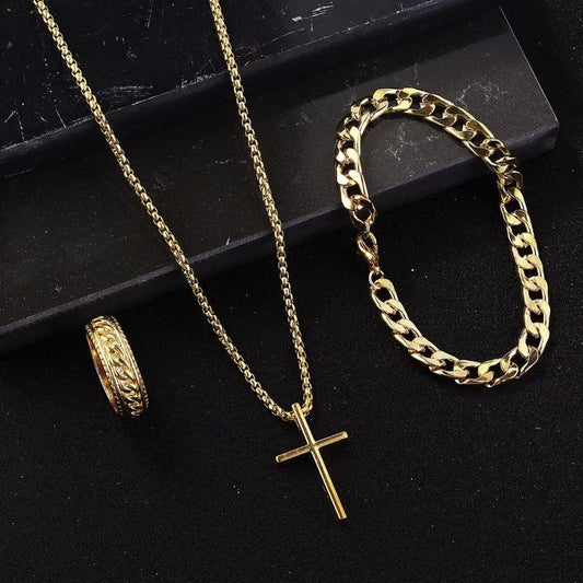 3pcs Set Men's Stainless Steel Metal Cross Pendant Chain Necklace Bracelet Ring Jewelry Set Male Hip Hop Daily Wear Accessories