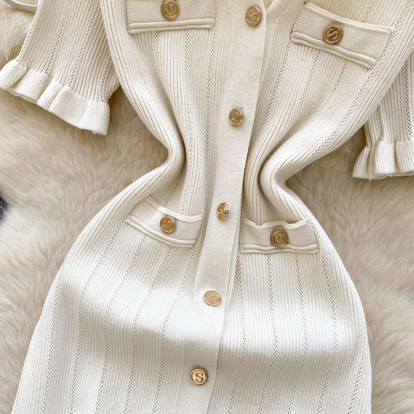 SINGREINY Summer OL Knit Dress 2025 Women V Neck Button Design Slim Mermaid Sund