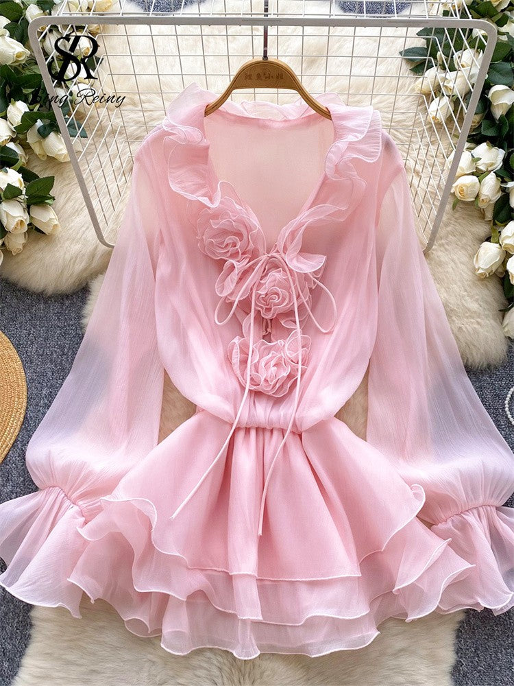 SINGREINY 3D Floral Beach Short Dress Female Long Sleeves Lace Up Ruffle Chiffon