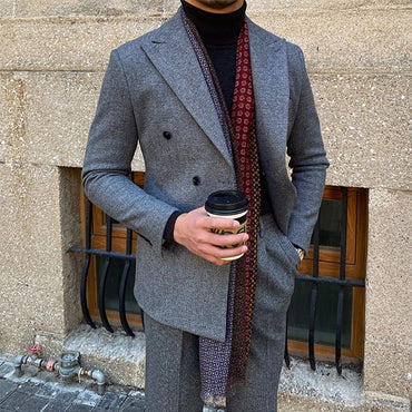 Vintage Men's Suit 2 Pieces Business Formal Casual Double Breasted Slim Fit Suits Party Wedding Dress Costume Male Suit