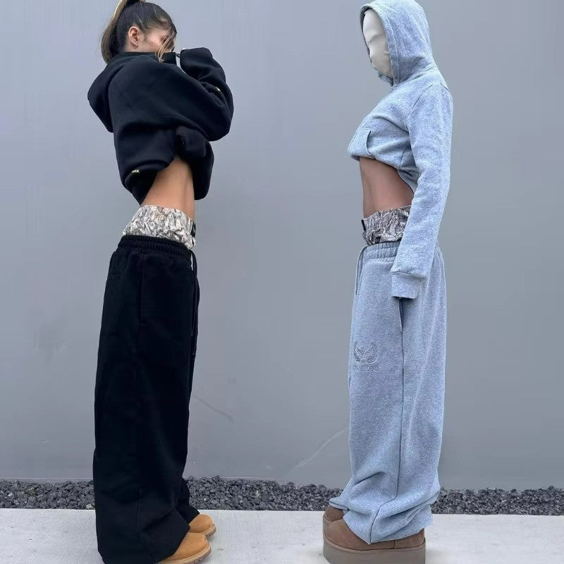 Y2K Casual Sweatpants Double Waist Checkered Camouflage Striped Side Splicing Wide Leg Pants American Style Trendy Streetwear