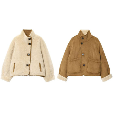 Suede Plush Both Sides Women's Coat Jacket Single Breasted Stand-Up Collar Pockets Female Jackets Autumn Loose Solid Coat Ladies