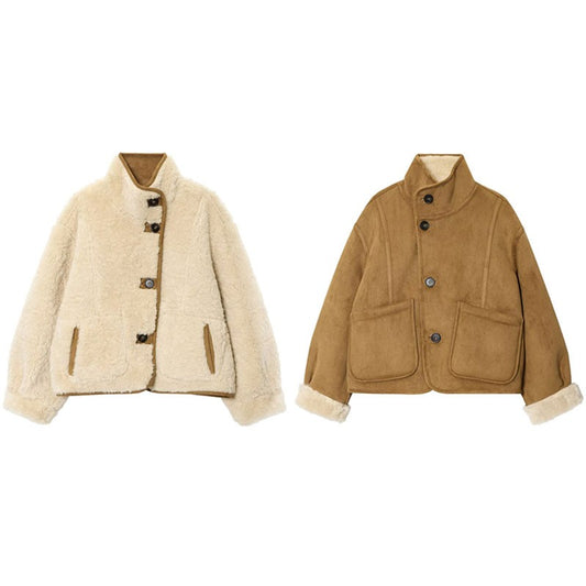 Suede Plush Both Sides Women's Coat Jacket Single Breasted Stand-Up Collar Pockets Female Jackets Autumn Loose Solid Coat Ladies