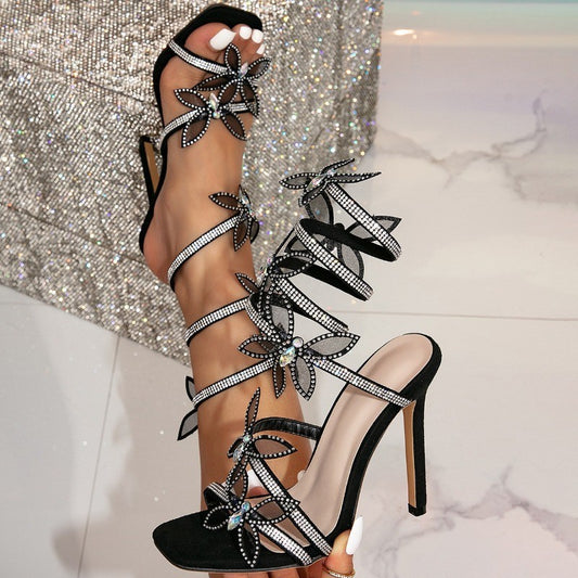 Elegant Design Crystal Butterfly-knot Ankle Strap Woman Sandals Sexy Open Toe Thin High Heels Stripper Party Pumps Shoes