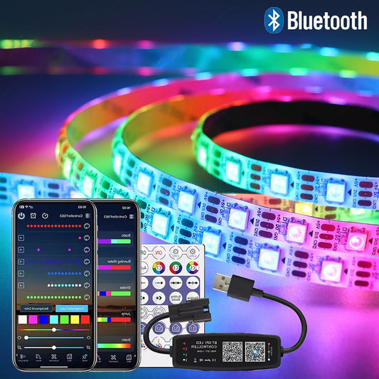WS2812B LED Strip 5V 12V USB Bluetooth Music Controller Kit Individually Addressable RGB LED Strip 30/60/74/96/144Leds/m DC5V