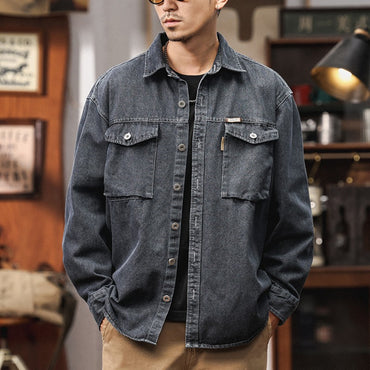 Men's Heavyweight Washed Salt-Faded Long Sleeve Denim Shirt Japanese Retro Loose Cargo Shirt Jackets Chest Pocket Man Outwear