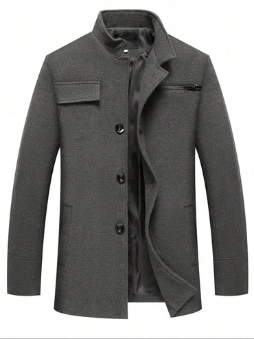 Men's Woolen Overcoat Long Sleeve Solid Casual Jacket with Pockets, Comfortable Daily Wear, Business & Sports Fashion