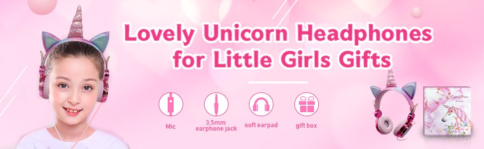 Unicorn Kids Pink Headphones for Girls Children Teens Wired Headset w/Microphonefor School Birthday Xmas Unicorn Gift