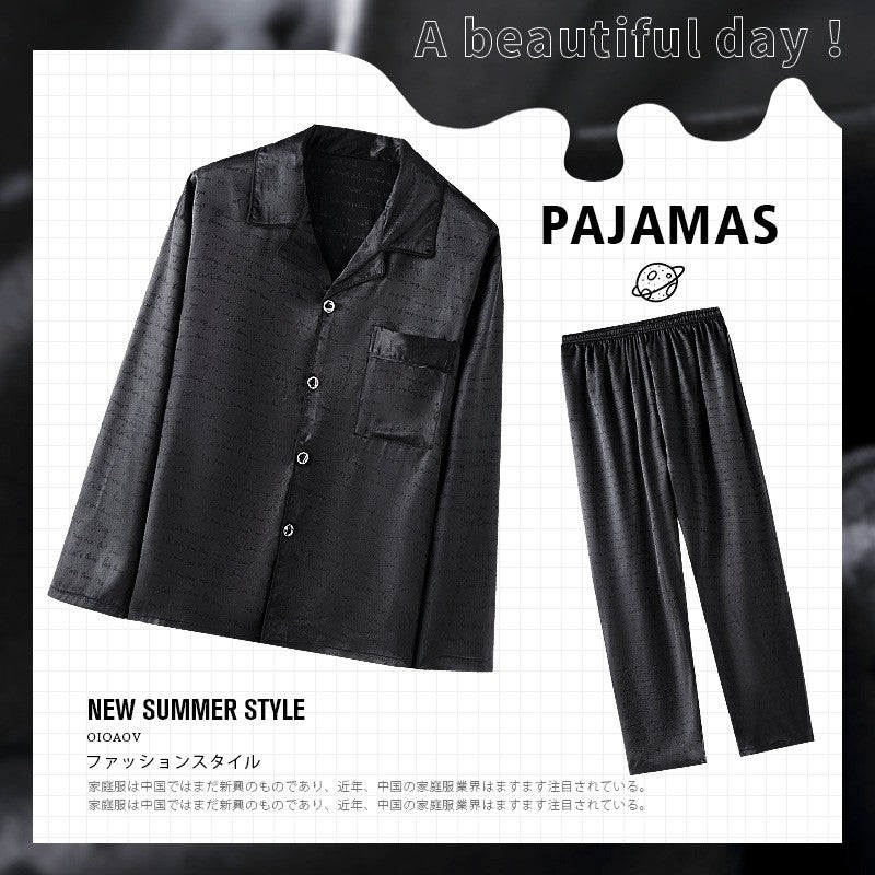 Plus Size Men's Pajama Suit Long Sleeve Silk Jacquard Pattern Premium Black Suit Lapel Top Long Pants Sleepwear Loungewear