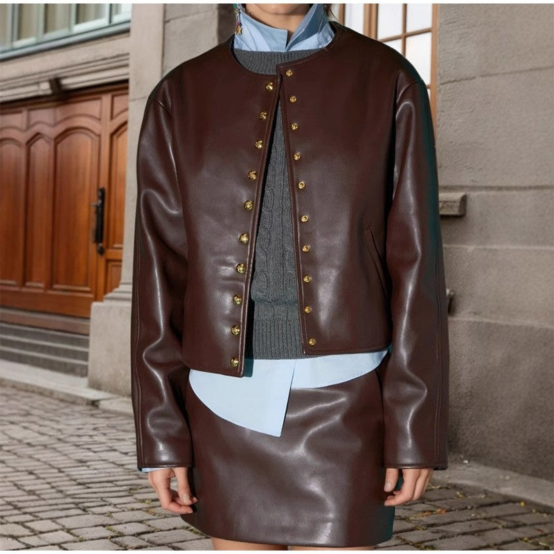 Full Sleeve Cropped Women Casual Slim Thin Motorcycle Coat Chic Zipper Lapel Wine Red Leather Jacket Lady New Highstreet Outwear