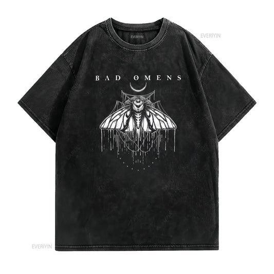 Camiseta Unissex Vintage Lavada Estampa Mariposa Bad Omens Casual Estilosa Versátil Macia para o Dia a Dia Respirável Design Exclusivo