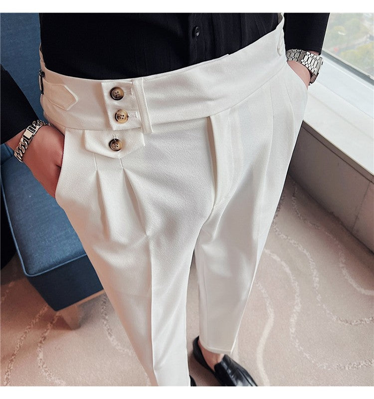 British Style Spring New Solid Business Casual Suit Pants High Waist Button Men Formal Pants High Quality Slim Office Trousers