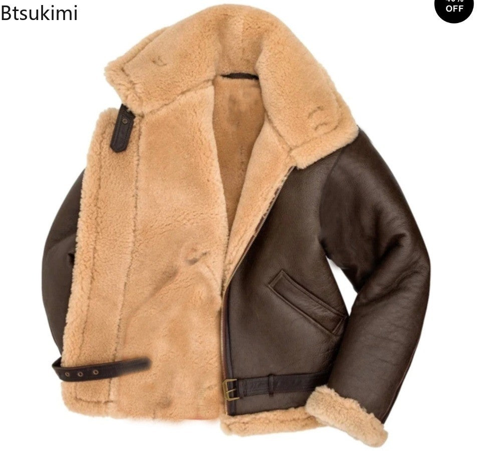 2025 Men's Winter Plush Leather Jacket Fashion Integrated Fur Thickened Warm Long Sleeve Cardigan Coats Leisure Versatile Jacket
