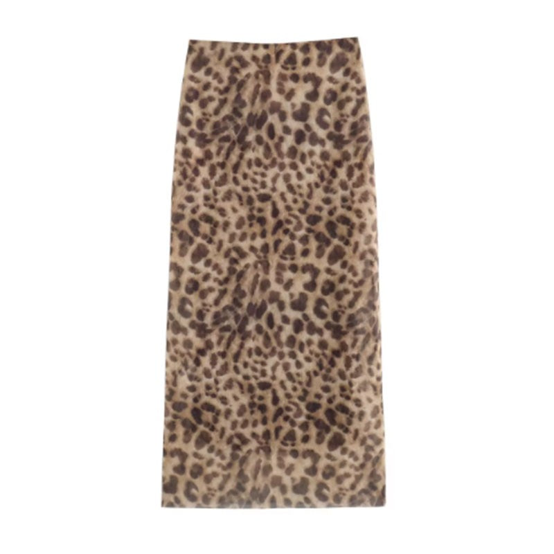 Women Leopard Tulle Midi Skirt 2024 Summer Fashion High Waist Elasticated Waistb