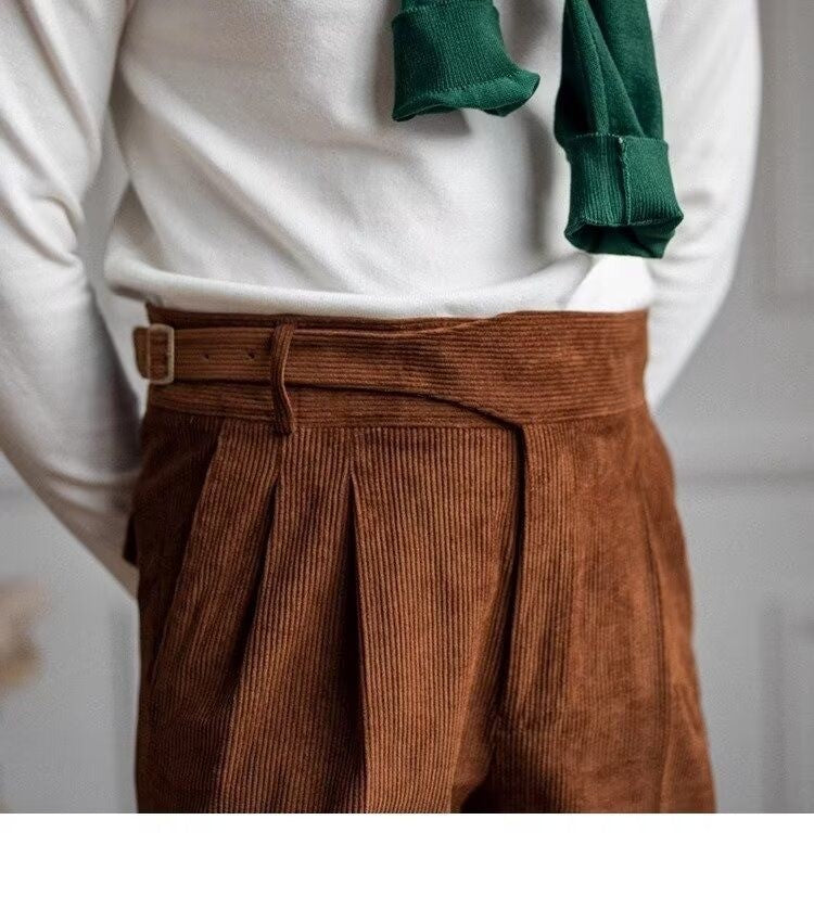 Italian Style Corduroy Naples Suit Pants Men High-waisted Adjustable Belt Straight Trousers Autumn England Business Casual Pant