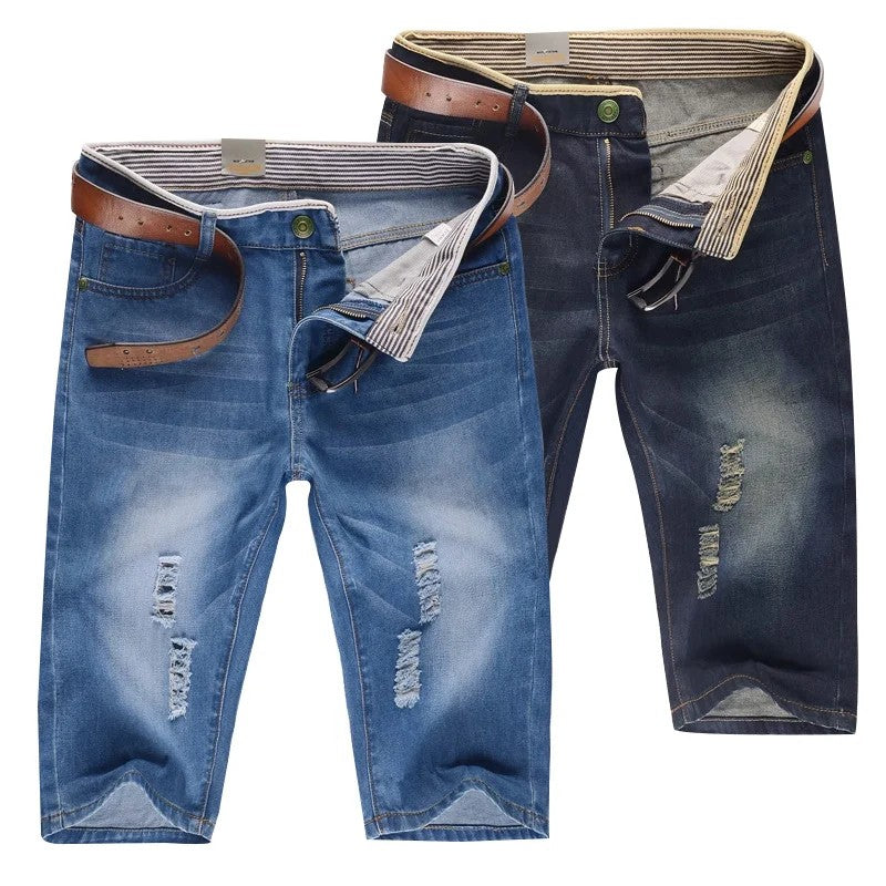 New Summer Men's Personalized Washable Perforated Denim Short Pants Male Casual Straight Short Jeans