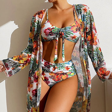 Bohemian Print Sexy Women's Beach Bikinis Three Pieces Bikini Set Cover Up Swimwear High Waisted Bikini Set Women Swimsuit 2025