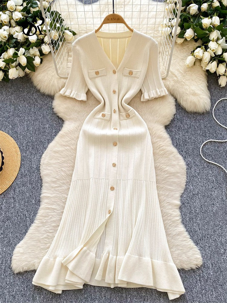 SINGREINY Summer OL Knit Dress 2025 Women V Neck Button Design Slim Mermaid Sund