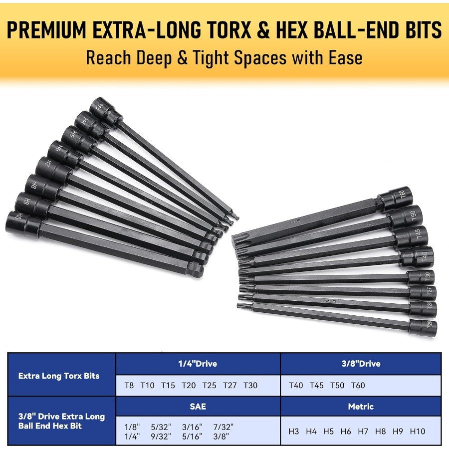 107-Piece Master Torx Allen Bit Socket Set S2 Steel 1/4 3/8 1/2 Drive Long Torx Ball End Hex Tamper-Resistant Star E-Star Socke
