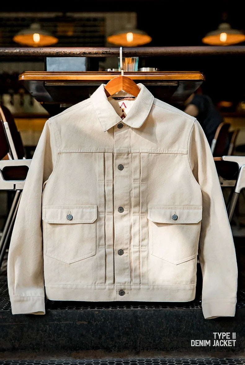 Maden Retro Type II Denim Jackets Beige Cotton Washed Denim Coats for Men's Autumn Versatile Single-breasted Lapel Outwear