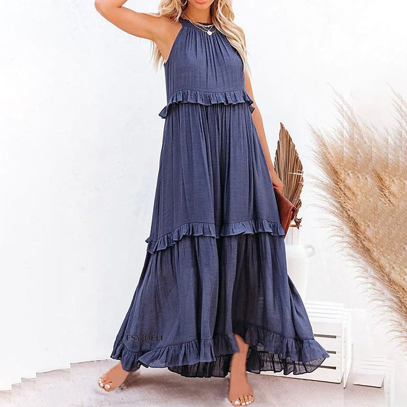 Women Casual Solid Ruffles Long Dress Summer Elegant Sleeveless Sundress Elegant