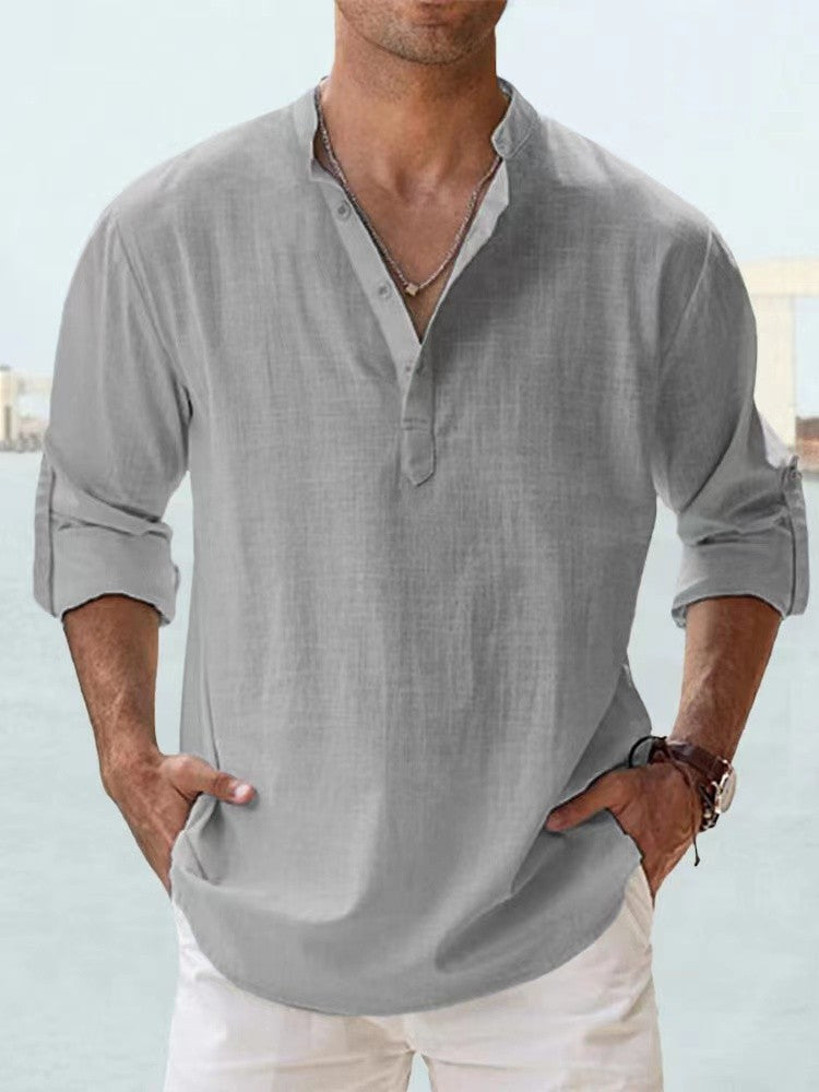 2023 New Men's Linen Long Sleeve Breathable Shirt Solid Color Casual Basic Cotton Linen Shirt Tops S-5XL