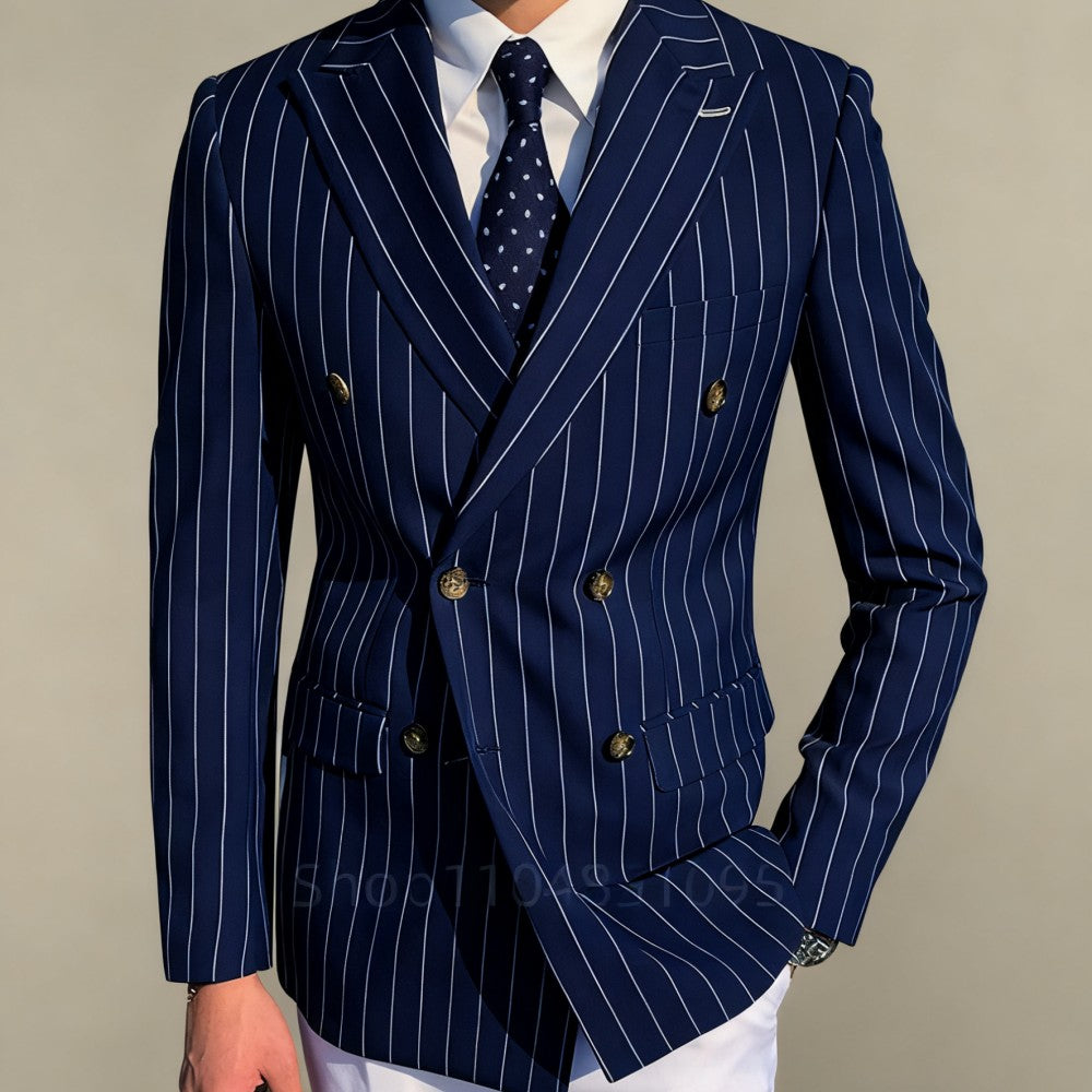 Men's Brown Striped Blazer Double Breasted Jacket Peak Lapel Spring New Style Male Outerwear