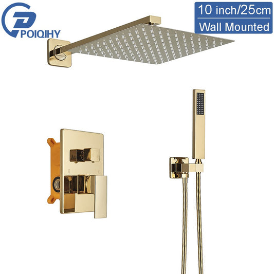 Golden Shower Faucets Set 2-Ways Rainfall Shower System Wall Mounted Shower Head Bathroom Bathroom Tap Shower Mixers Concealed