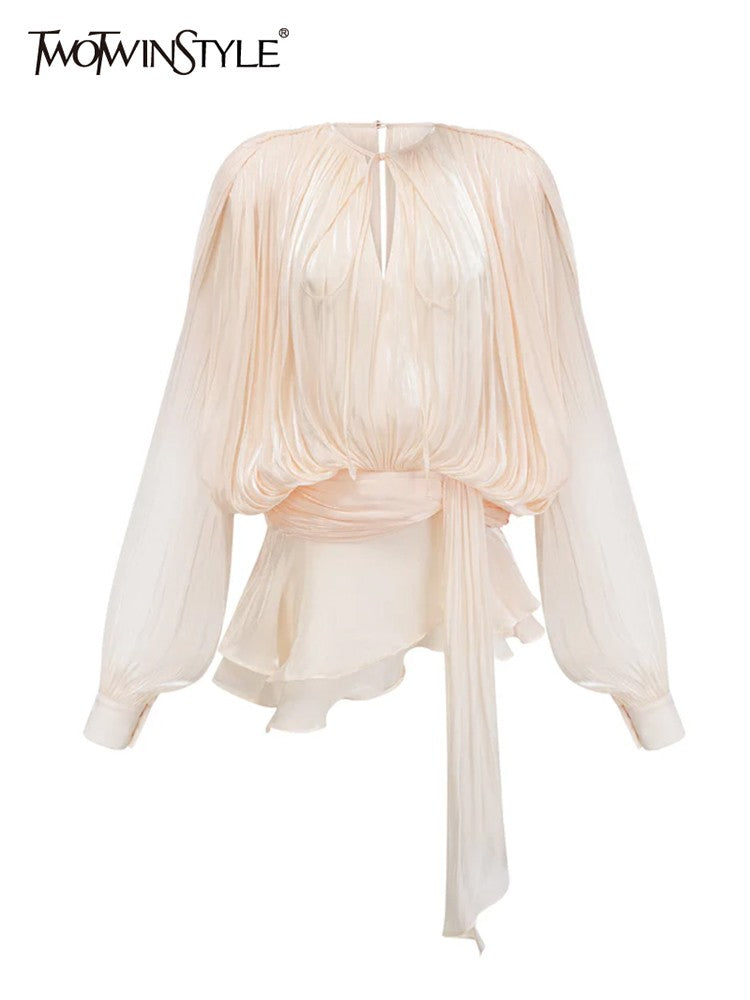 TWOTWINSTYLE Elegant Ruched Mini Dress For Women Round Neck Lantern Long Sleeve