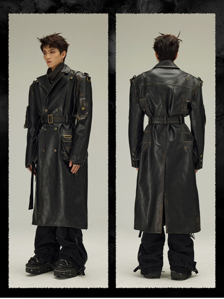 Mauroicardi Spring Autumn Long Distressed Black Pu Leather Trench Coat Men Belt Double Breasted Luxury European Fashion 2023