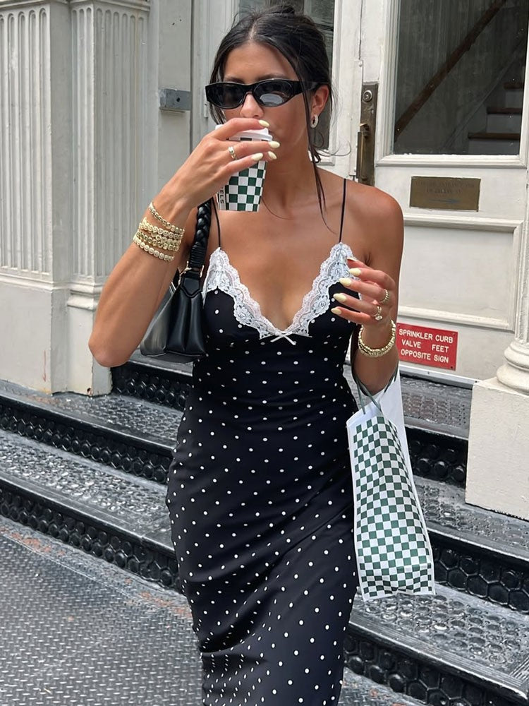 Tossy Lace V-Neck Patchwork Maxi Dress Women Backless High Waist Slim Spaghetti