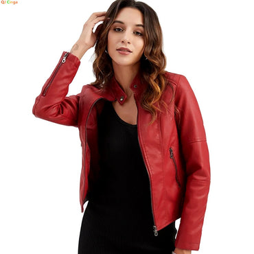 Red Women's PU Jacket, Vertical Collar Zipper Motorcycle Leather Coats, Fashion Casual Coat Female Outerwear, Black Purple Top.