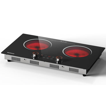 Karinear Electric Ceramic Cooktop 2 Burner, 110V, 2000W Knob Control & Sensor Touch for Countertop or Built-in Install, 24Inch