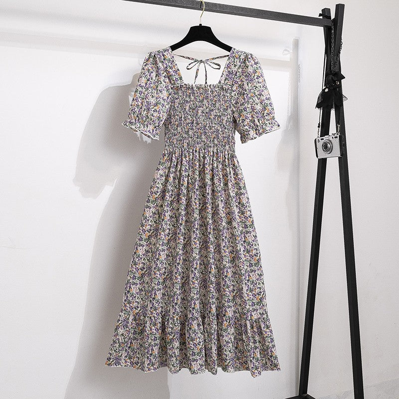 Summer Pleated Women Chiffon Dresses Casual Beach Holiday Short Sleeve Square Co
