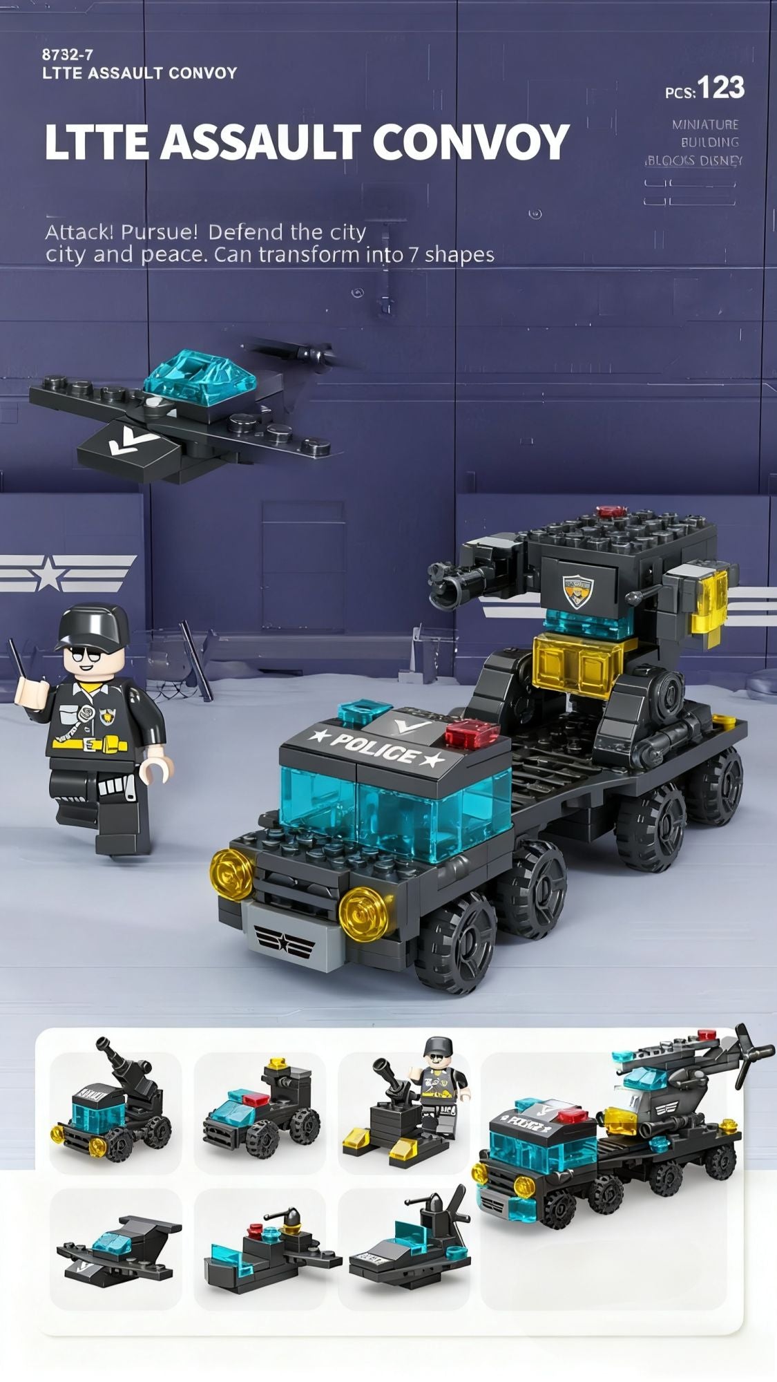 6 in 1 Mega City Building Set - Police Car, Fire Truck, Crane, Tank, Helicopter & More, Construction Engineering Toys Gift