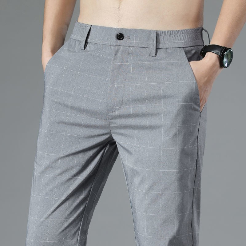 Male Suit Trousers Check Cooling Ice Silk Plaid Straight Up Clothes Offer Slacks Designer Men's Summer Pants Fabric 2024 Classic