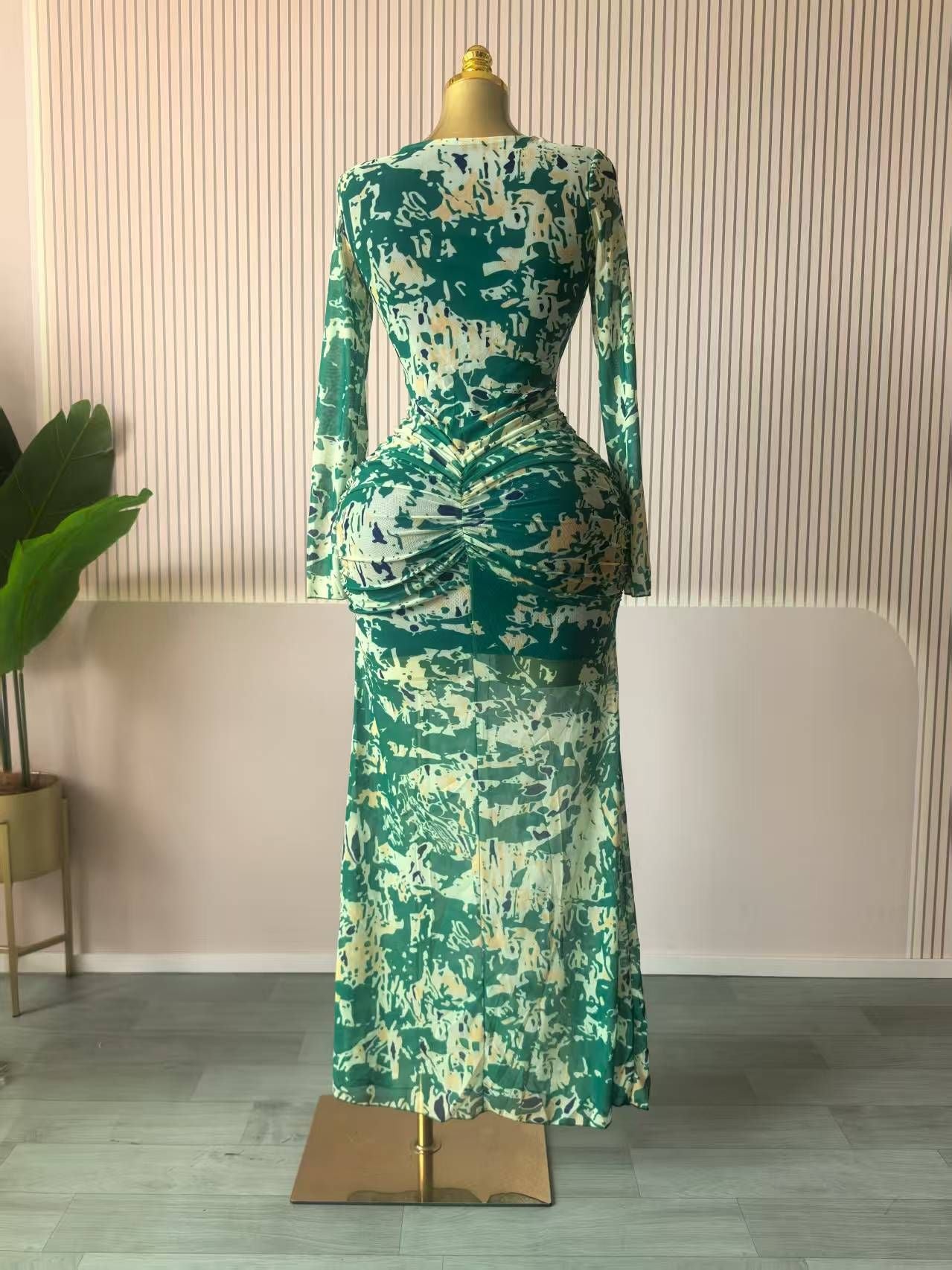 CM.YAYA Women Draped V-neck Cutout Front Ruched Stacked Bodycon Midi Long Maxi D